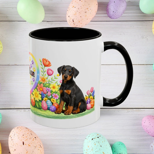 Shop our doberman blue rust puppy easter mug featuring the 11oz style option from MySisterIsASurvivor.