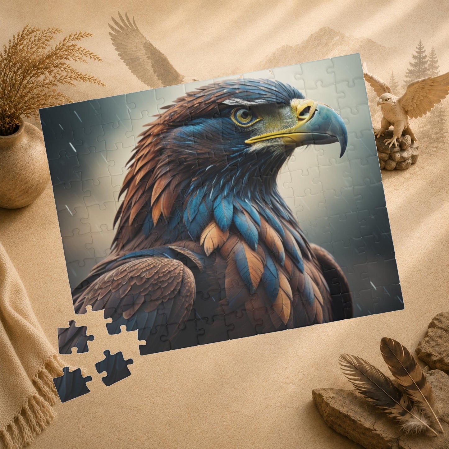 Talon Resilience - Brooding Eagle Portrait Puzzle with Dark Blue Feathers on Stormy Rainy Background