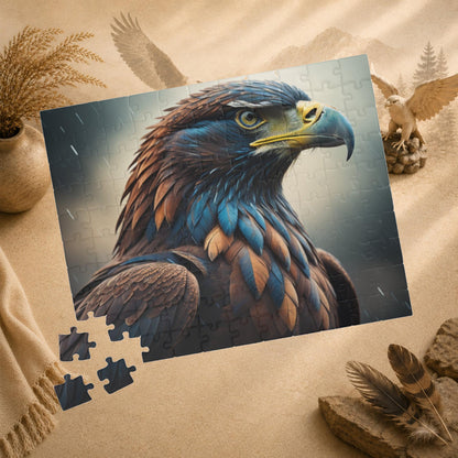 Talon Resilience - Brooding Eagle Portrait Puzzle with Dark Blue Feathers on Stormy Rainy Background
