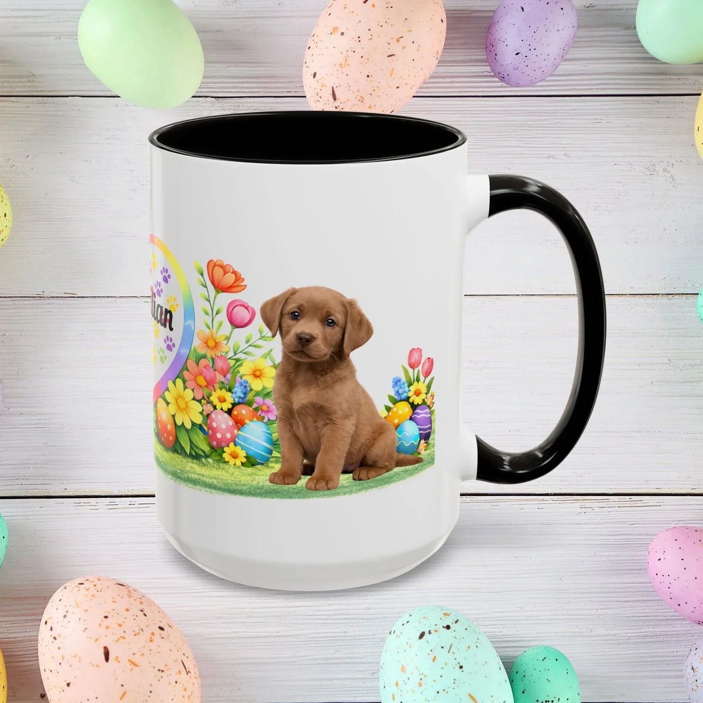 Shop our labrador retriever chocolate light puppy easter mug featuring the 15oz style option from MySisterIsASurvivor.