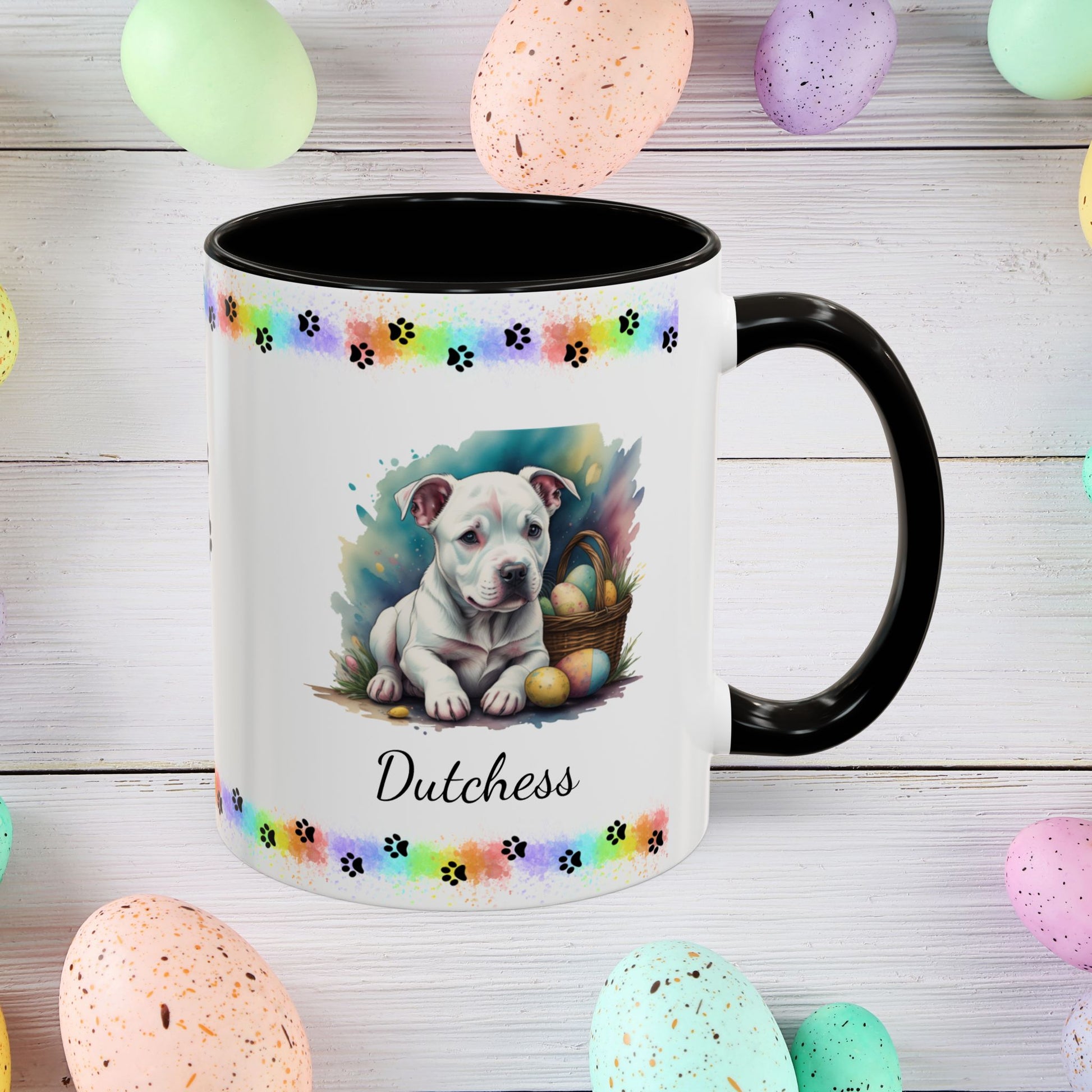 Pitbull (White): Personalized Easter Puppy Coffee Mug - Adorable Dog Design, Mental Health Gift, 11oz & 15oz, 12 Color Choices, Easter Gifts & Décor