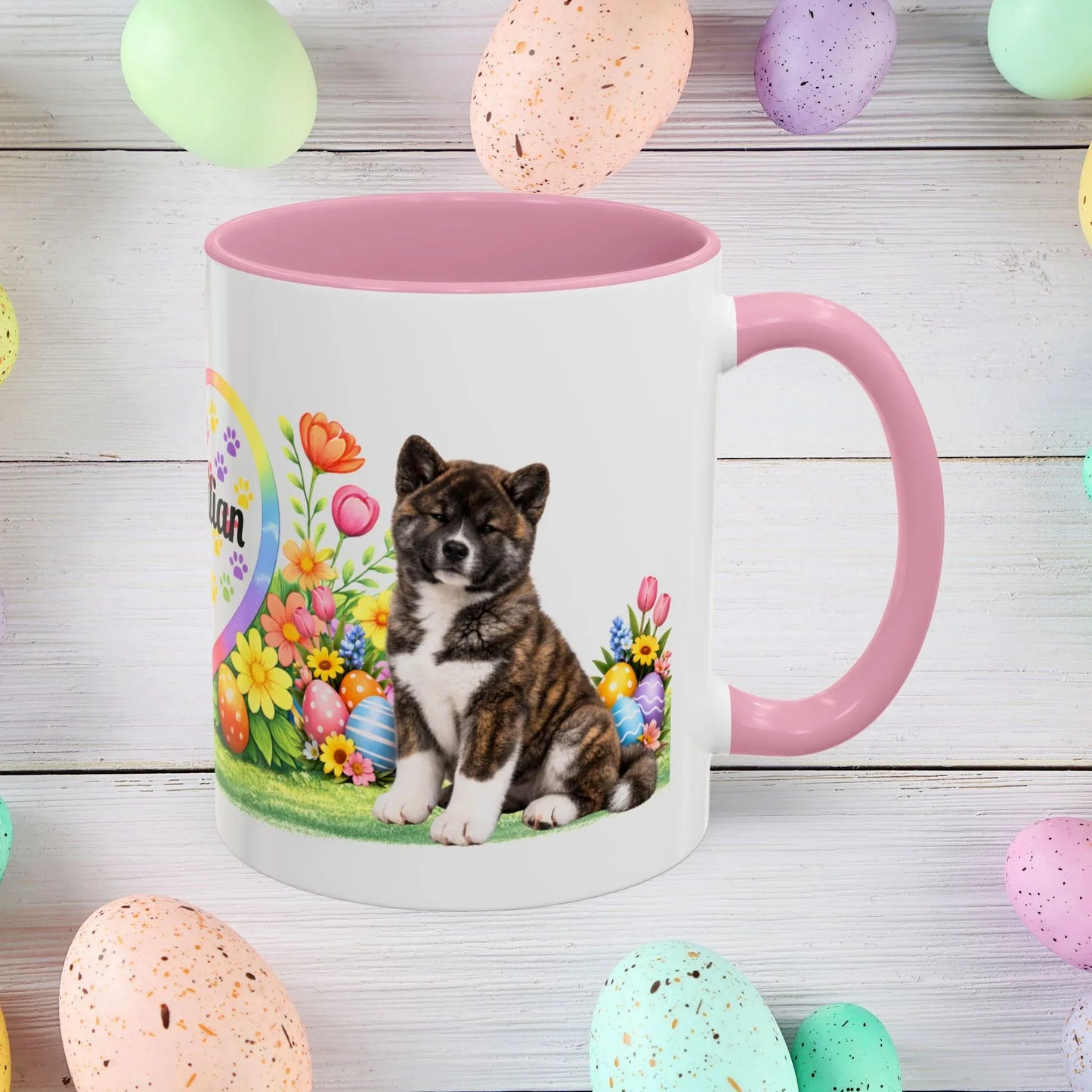 Shop our akita brindle puppy easter mug featuring the 11oz style option from MySisterIsASurvivor.