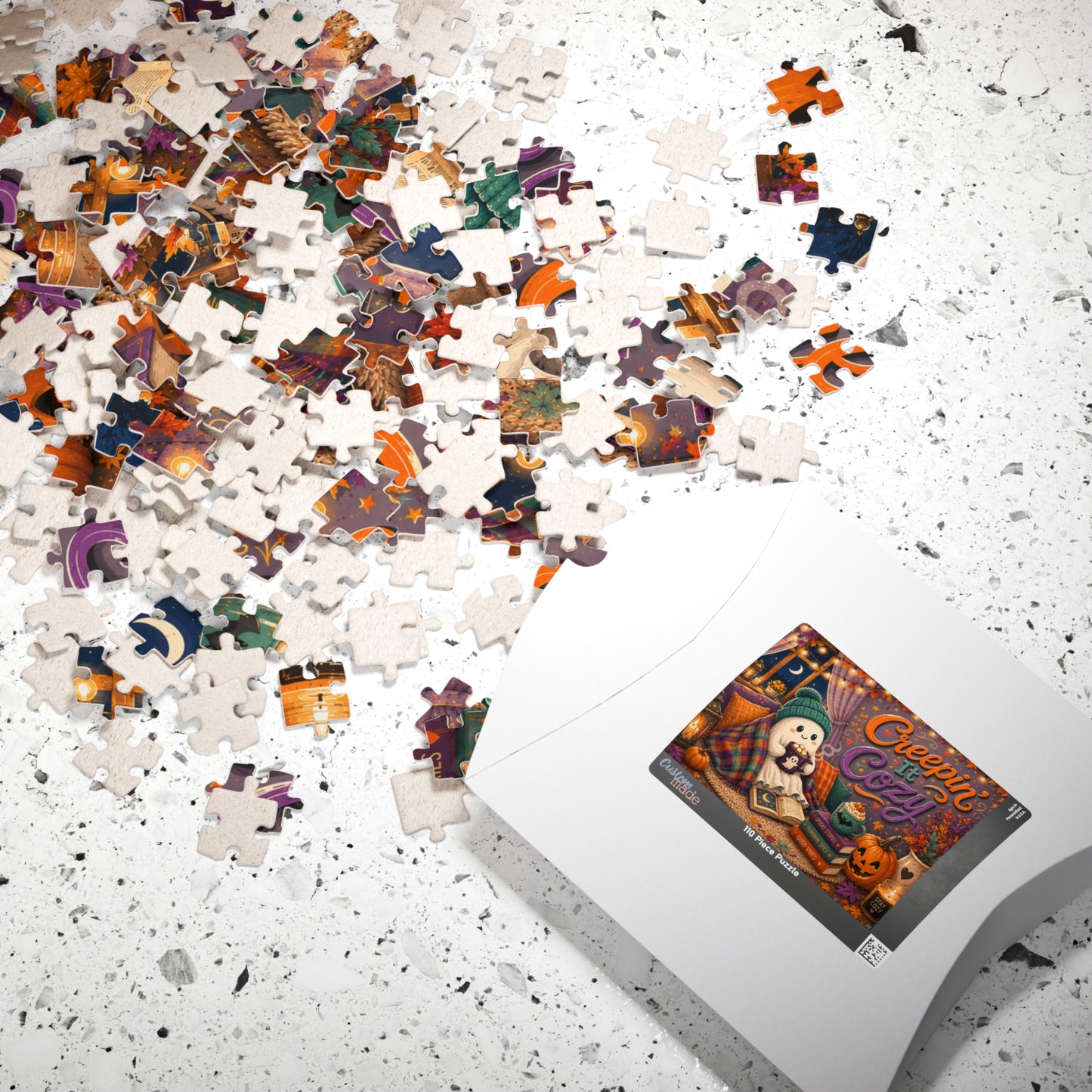 Creepin It Cozy Halloween Puzzle - Ghost in Beanie Reading by Candlelight with Pumpkin Spice Books