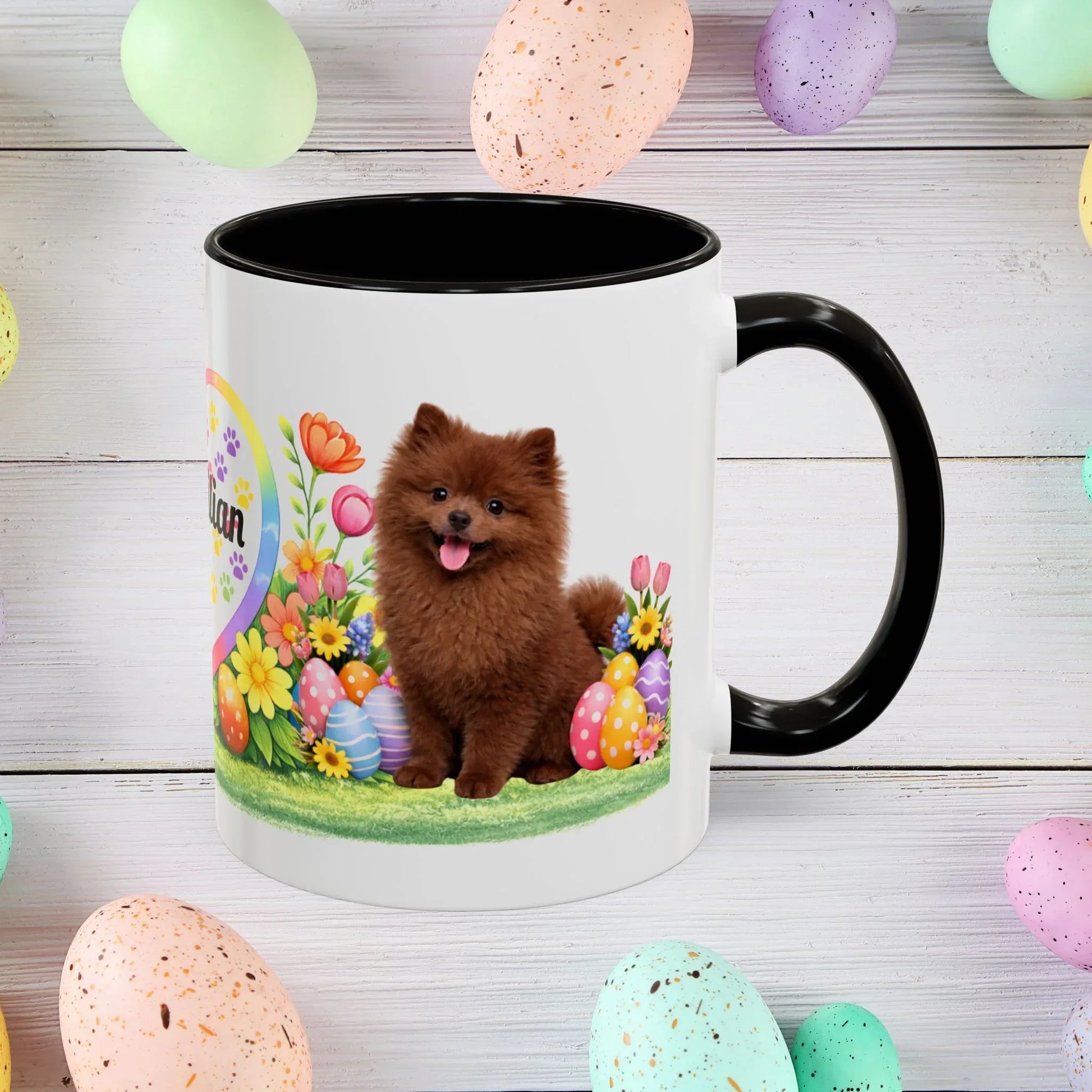 Shop our pomeranian chocolate puppy easter mug featuring the 11oz style option from MySisterIsASurvivor.