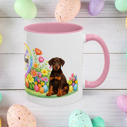 Shop our doberman red rust puppy easter mug featuring the 11oz style option from MySisterIsASurvivor.