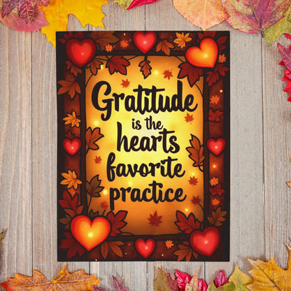 Mindful fall blanket with “Gratitude Is the Heart’s Favorite Practice,” warm calming tones and fall décor.