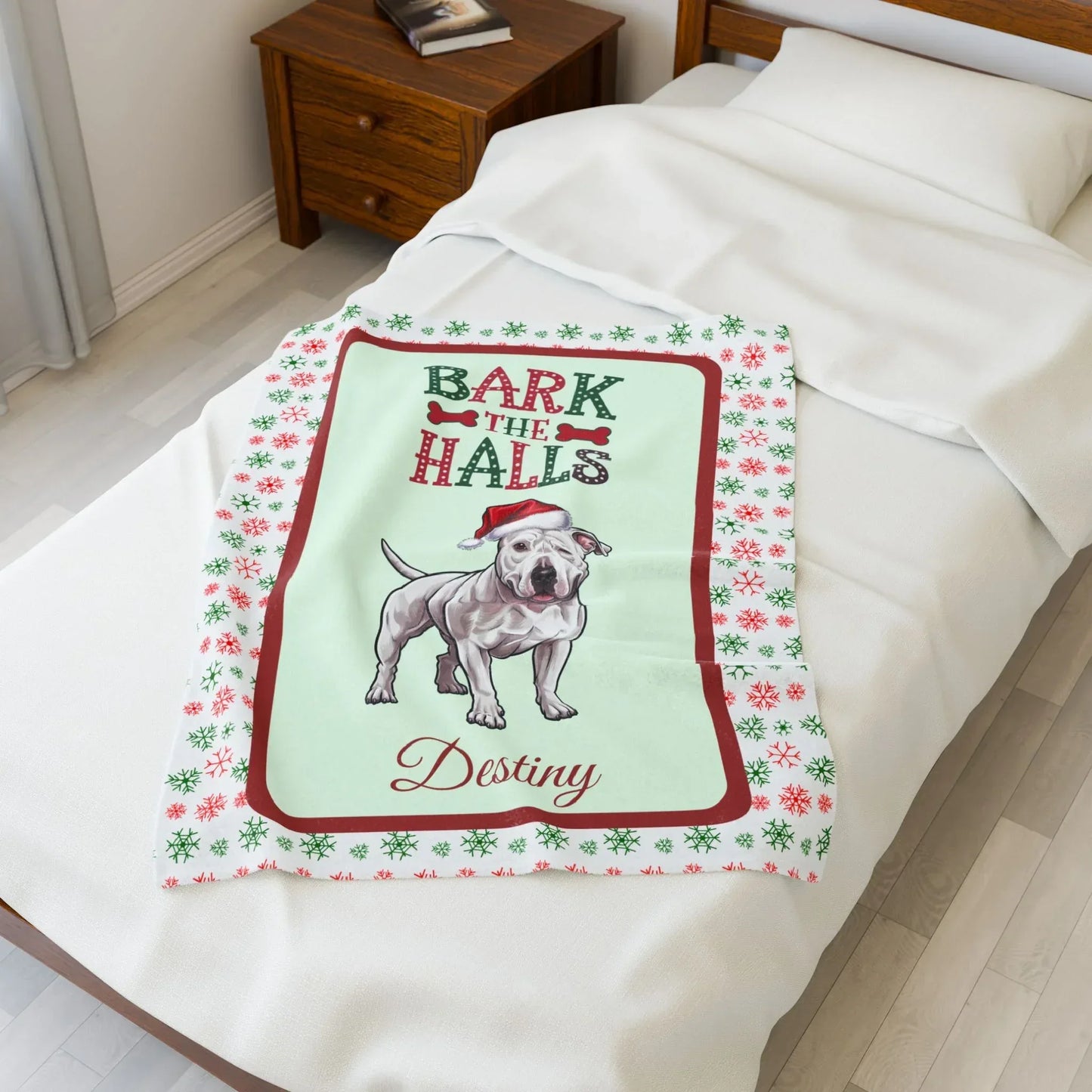 Shop our pitbull white personalized velveteen plush blanket bark the halls featuring the 50" × 60" style option from MySisterIsASurvivor.
