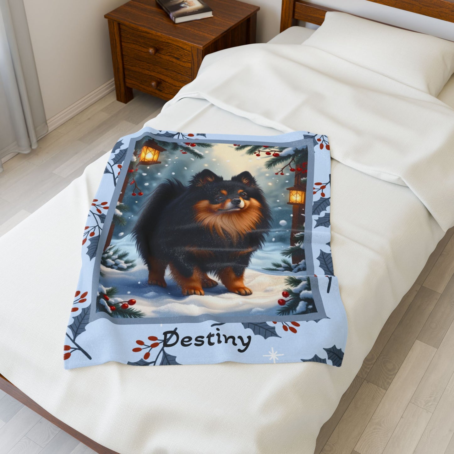 Pomeranian Black and Tan custom winter blanket featuring a fluffy Pom in a cozy illustrated lodge setting