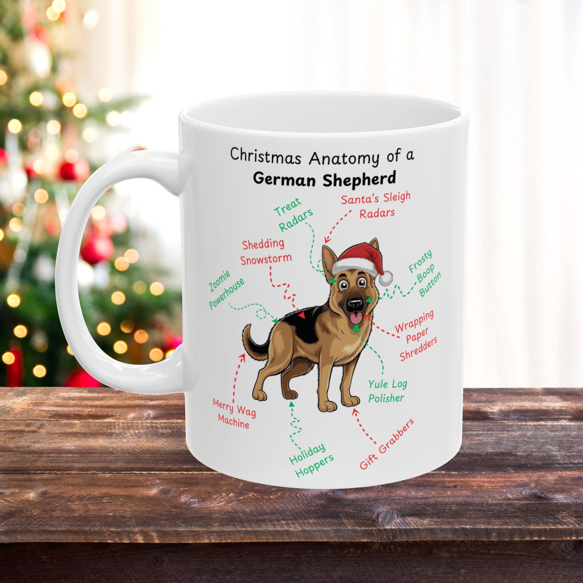 German Shepherd Personalized Christmas Dog Anatomy Mug, Funny Holiday Gift for Dog Lovers, Festive Dog Breed Coffee Cup