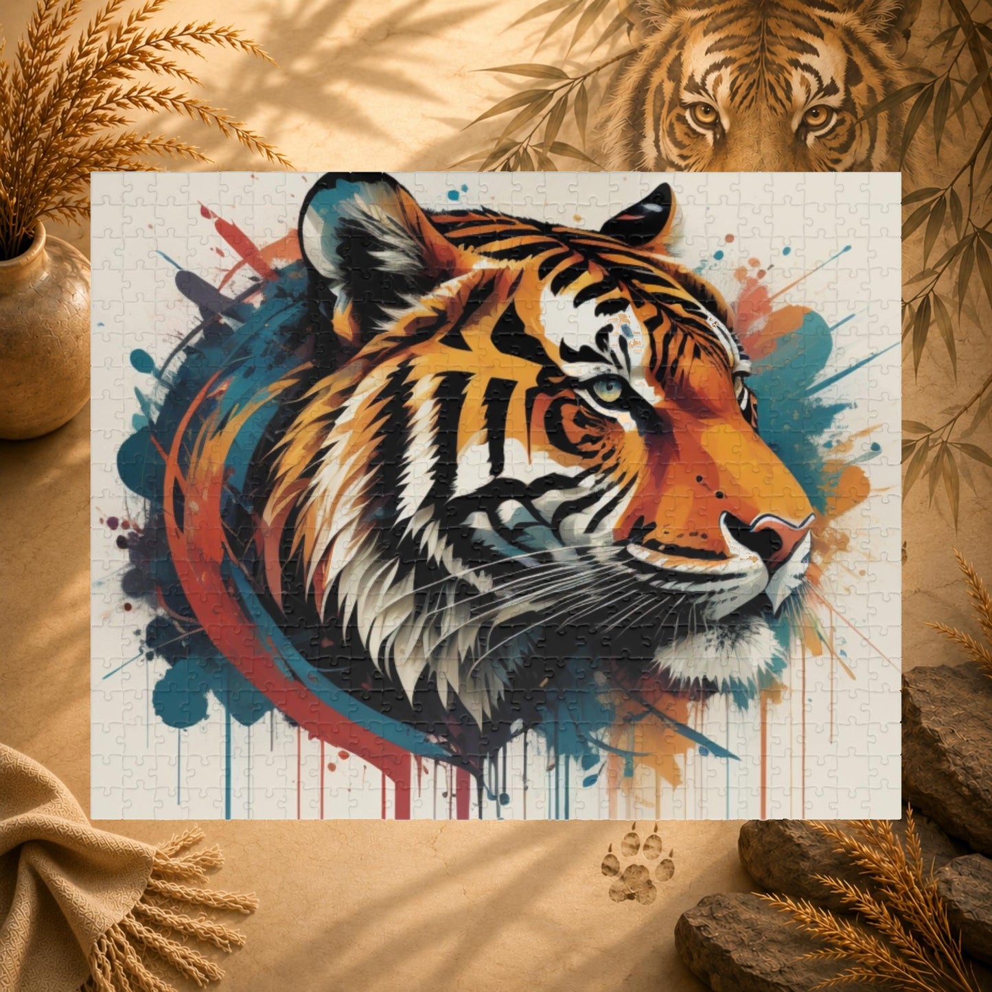 Focused Journey - Street Art Tiger Jigsaw Puzzle with Paint Splatters and Drip Effects