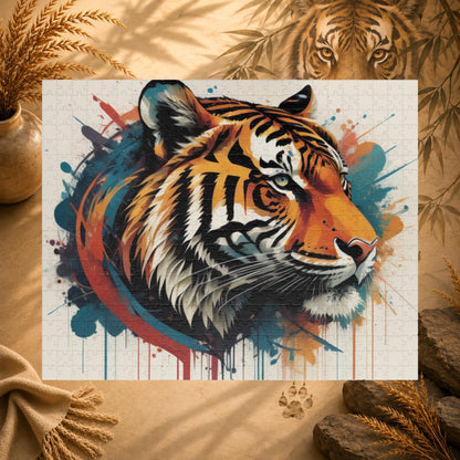 Focused Journey - Street Art Tiger Jigsaw Puzzle with Paint Splatters and Drip Effects