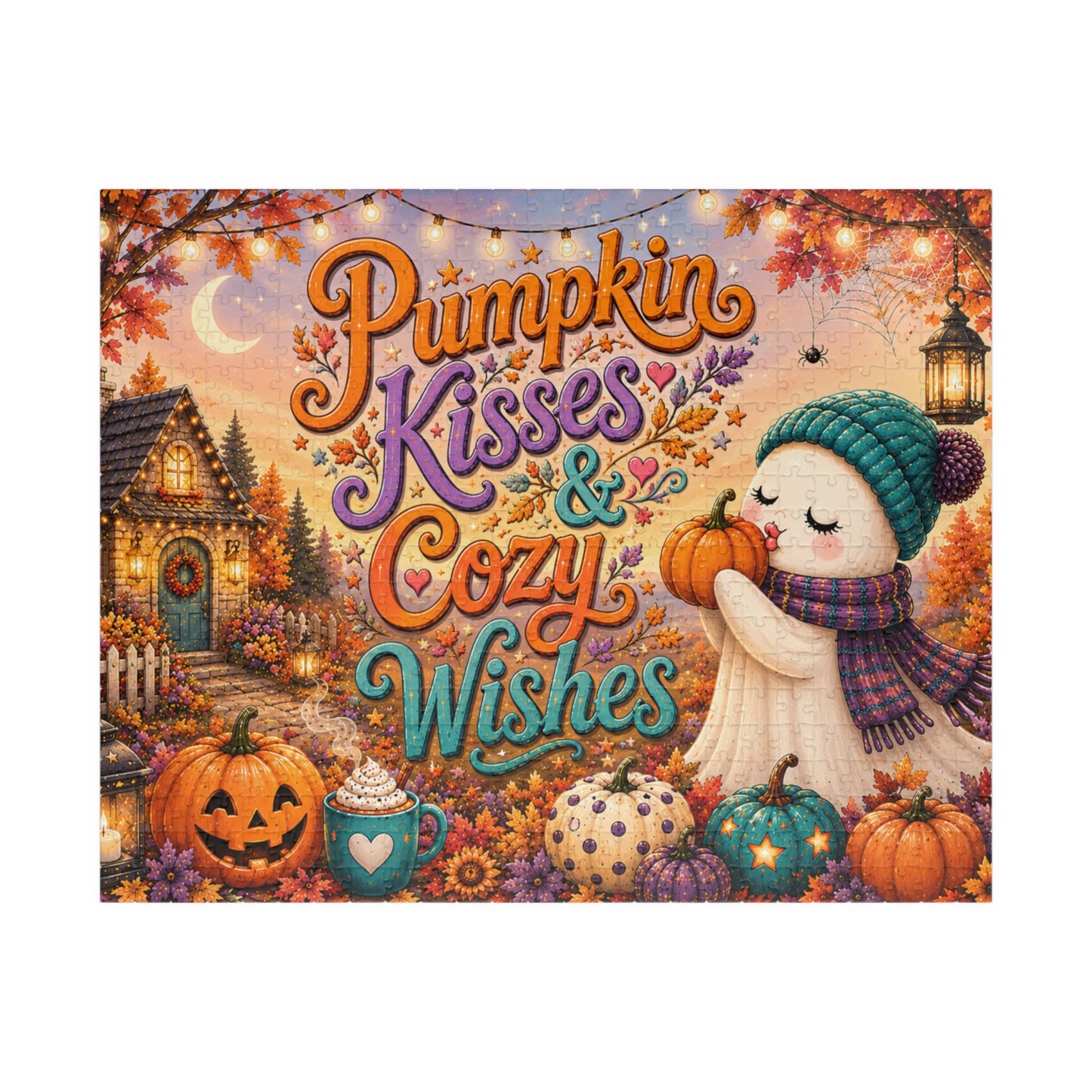 Pumpkin Kisses & Cozy Wishes Halloween Puzzle - Beanie Ghost with Pumpkins, Heart Mug, and Fall Leaves