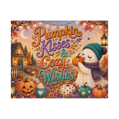 Pumpkin Kisses & Cozy Wishes Halloween Puzzle - Beanie Ghost with Pumpkins, Heart Mug, and Fall Leaves