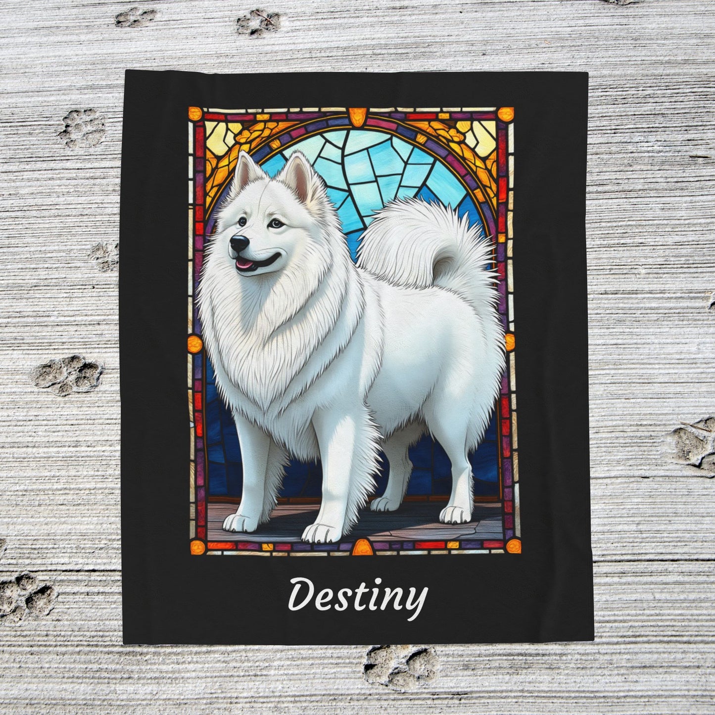 American Eskimo velveteen blanket, custom stained glass dog throw, personalized pet lover gift - MySisterIsASurvivor