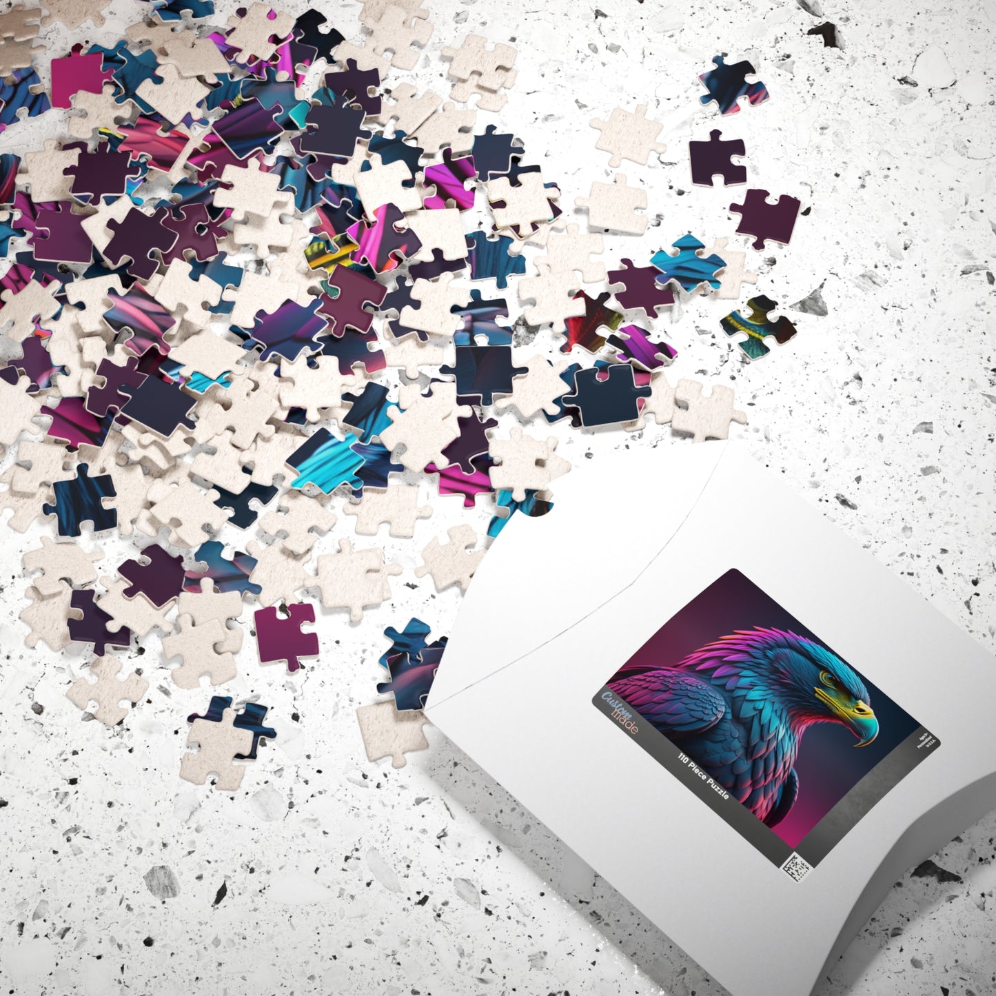 Eagle's Fortitude - Neon Eagle Portrait Puzzle with Teal and Pink-Purple Feathers on Dark Gradient