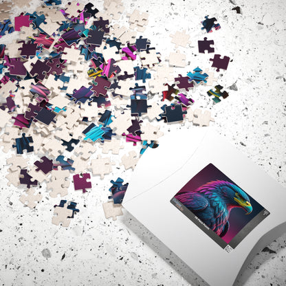 Eagle's Fortitude - Neon Eagle Portrait Puzzle with Teal and Pink-Purple Feathers on Dark Gradient