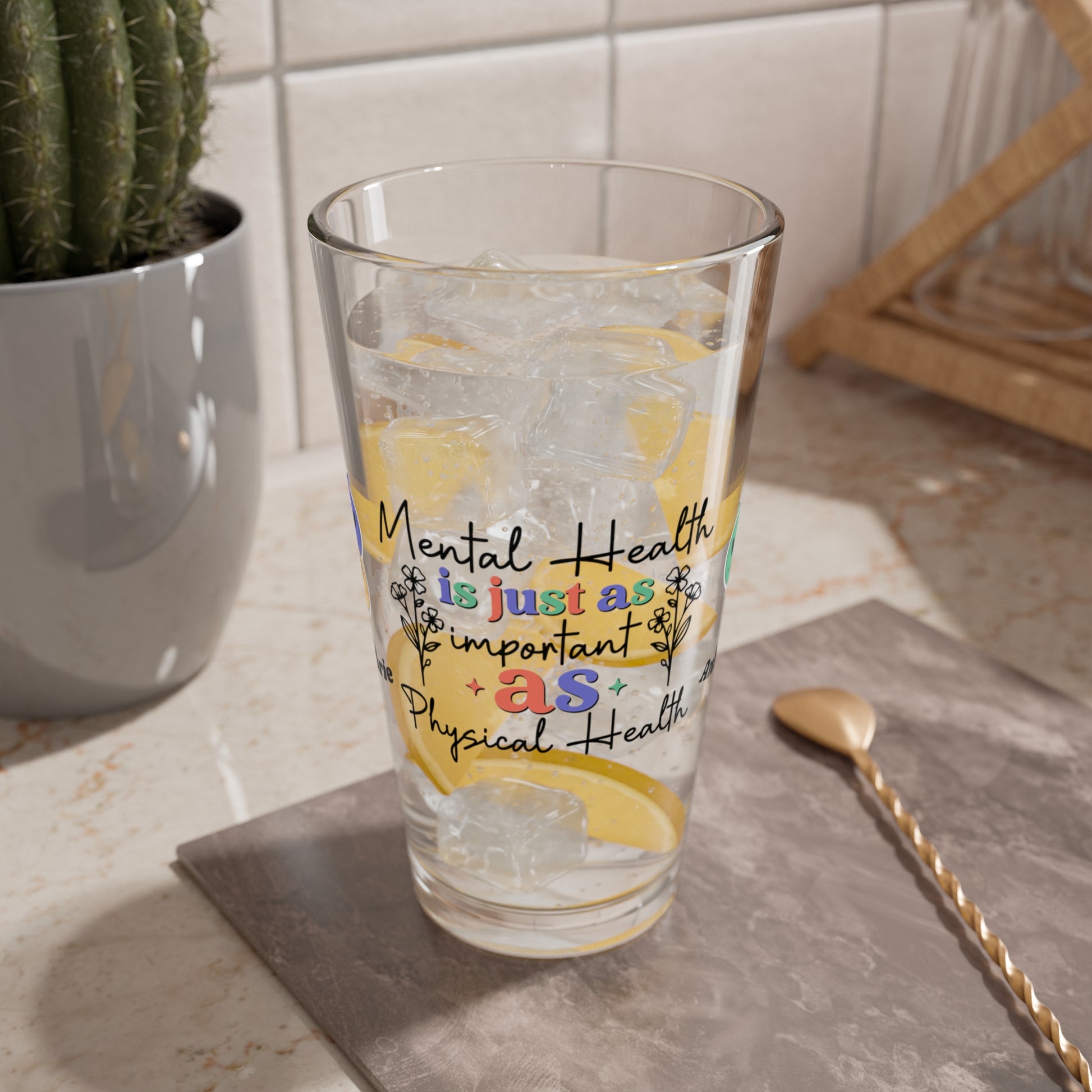 Mental Health = Physical Health retro pint glass with personalized clear glass design
