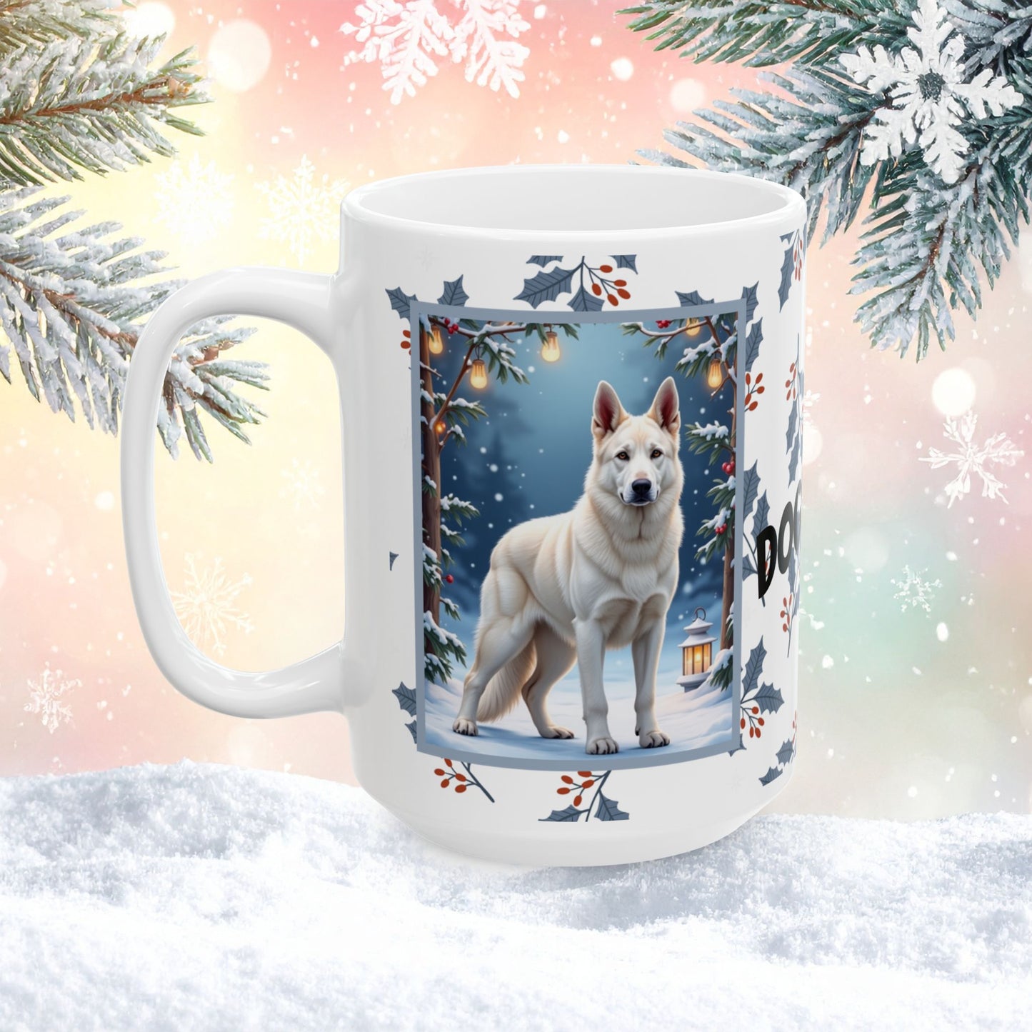 German Shepherd (White) Winter Mug - white German Shepherd artwork standing in a bright winter scene with snow-covered trees