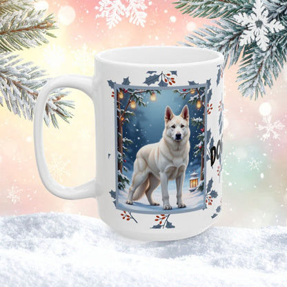 German Shepherd (White) Winter Mug - white German Shepherd artwork standing in a bright winter scene with snow-covered trees