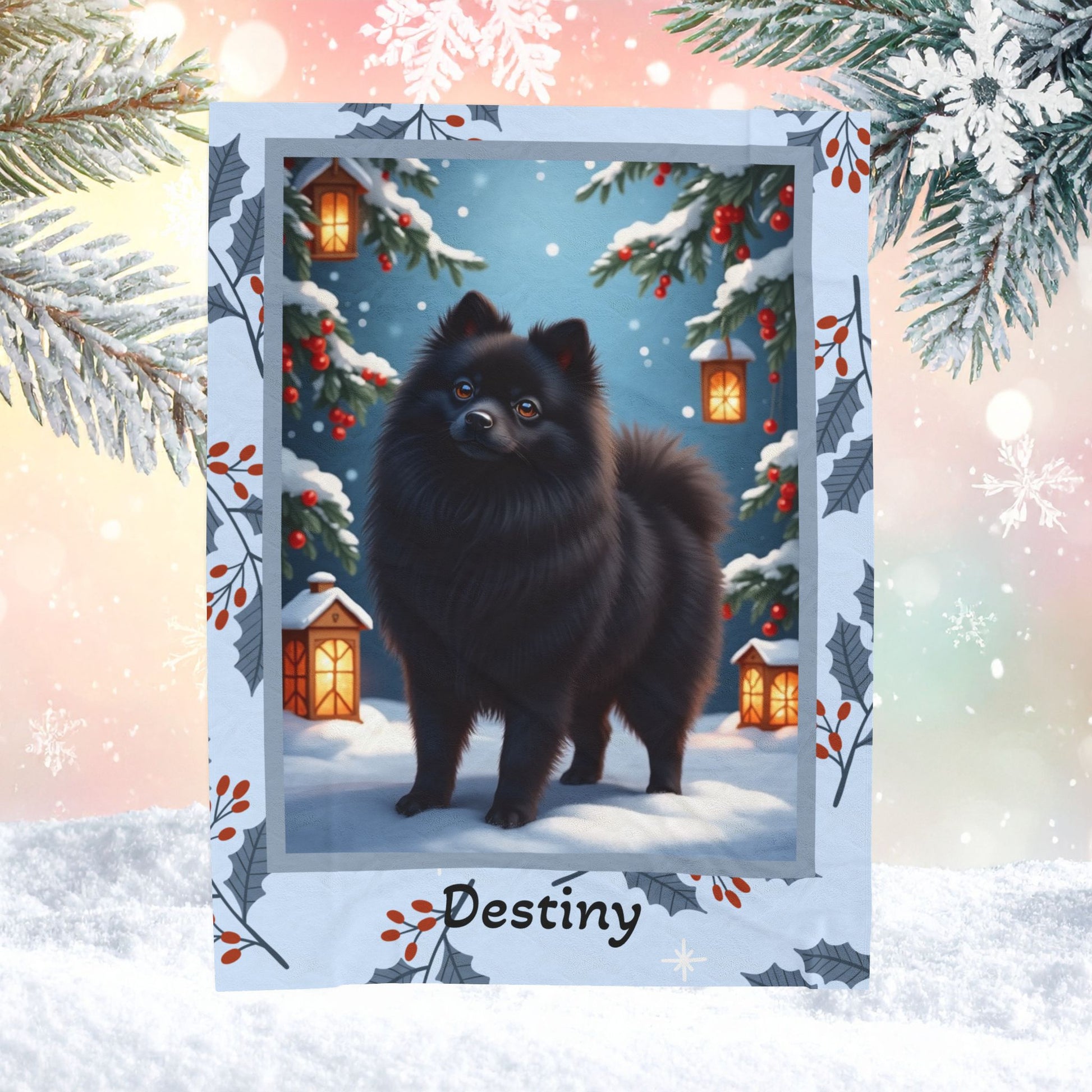 Pomeranian Black personalized winter throw with fluffy black Pom artwork in a bright snowy lodge scene