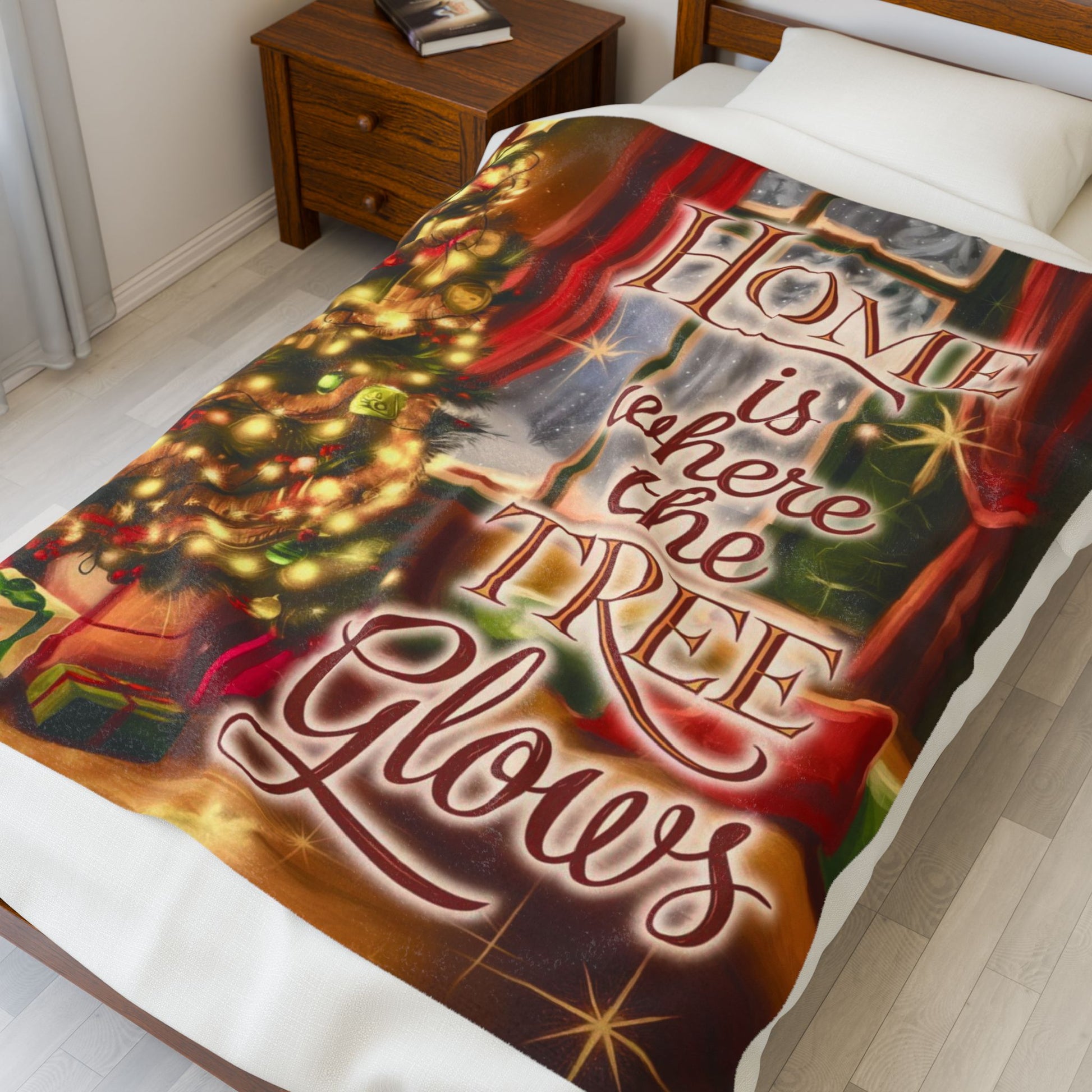 Christmas blanket “Home Is Where the Tree Glows” cozy festive throw with glowing winter design