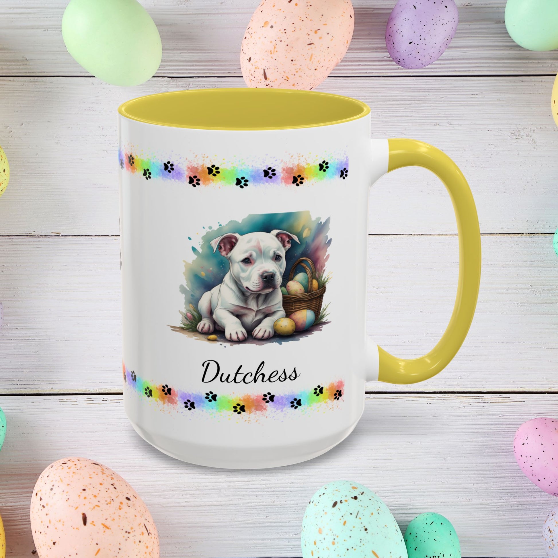 Pitbull (White): Personalized Easter Puppy Coffee Mug - Adorable Dog Design, Mental Health Gift, 11oz & 15oz, 12 Color Choices, Easter Gifts & Décor