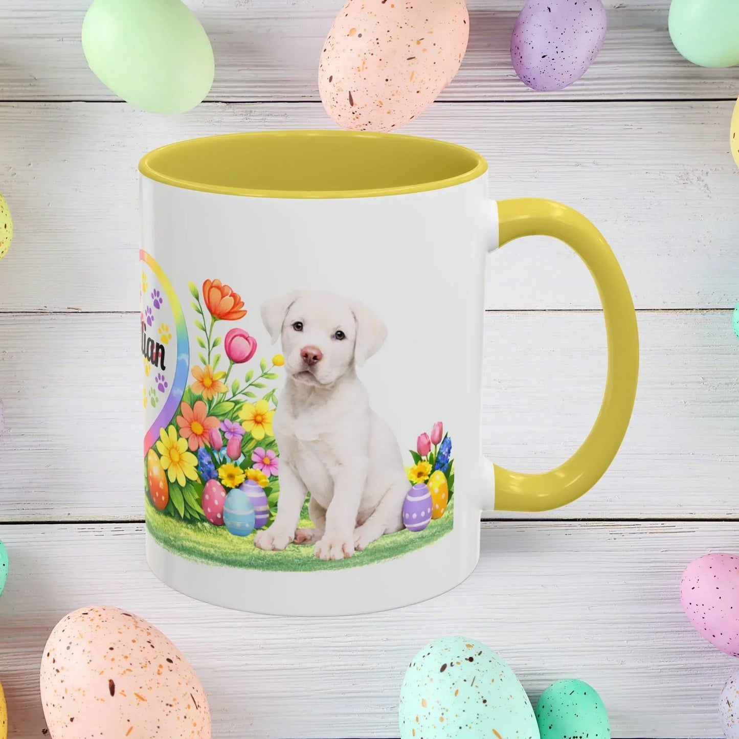 Shop our rottweiler white puppy easter mug featuring the 15oz style option from MySisterIsASurvivor.