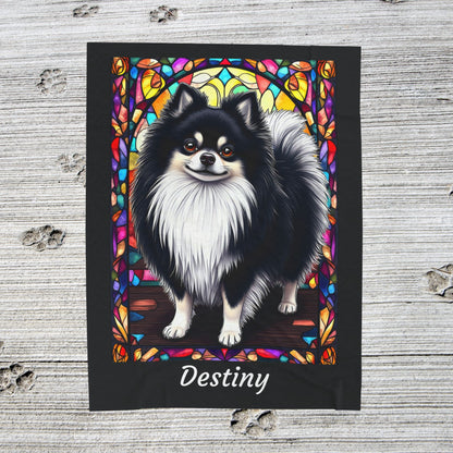 Pomeranian Black & White Coat Blanket, Velveteen Plush Stained Glass Dog Throw, Pet Lover Gift