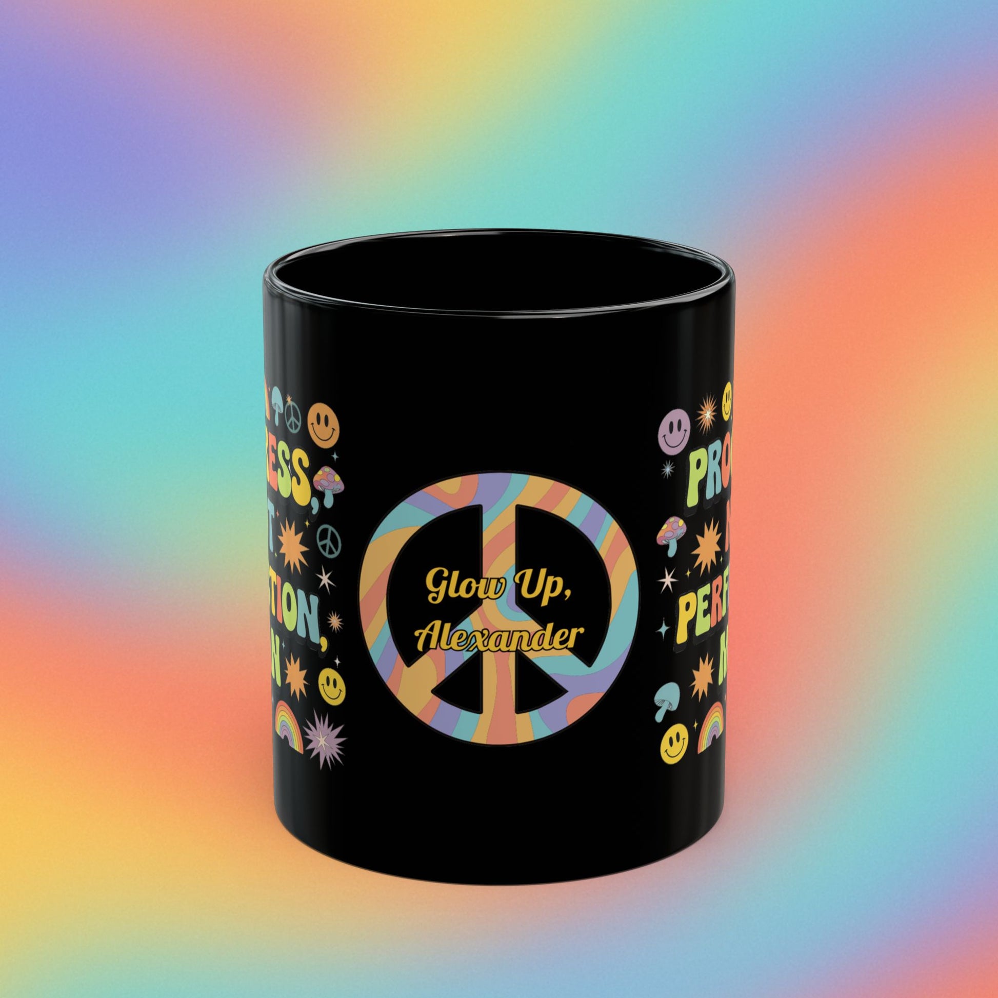 Progress Not Perfection man retro mug, 70s self-care coffee cup with inspirational affirmation - MySisterIsASurvivor