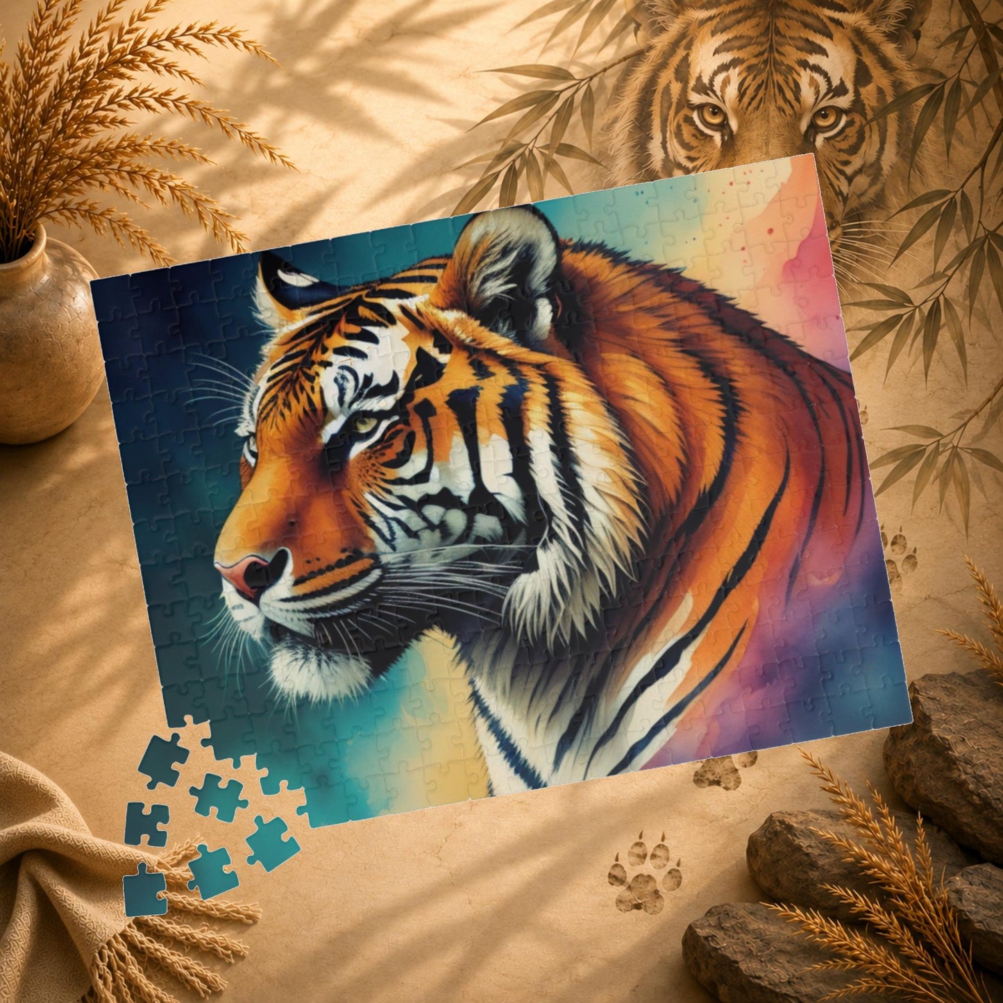 Striped Serenity - Painterly Tiger Side Profile Puzzle with Teal and Peach Gradient Background