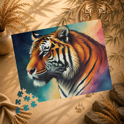 Striped Serenity - Painterly Tiger Side Profile Puzzle with Teal and Peach Gradient Background