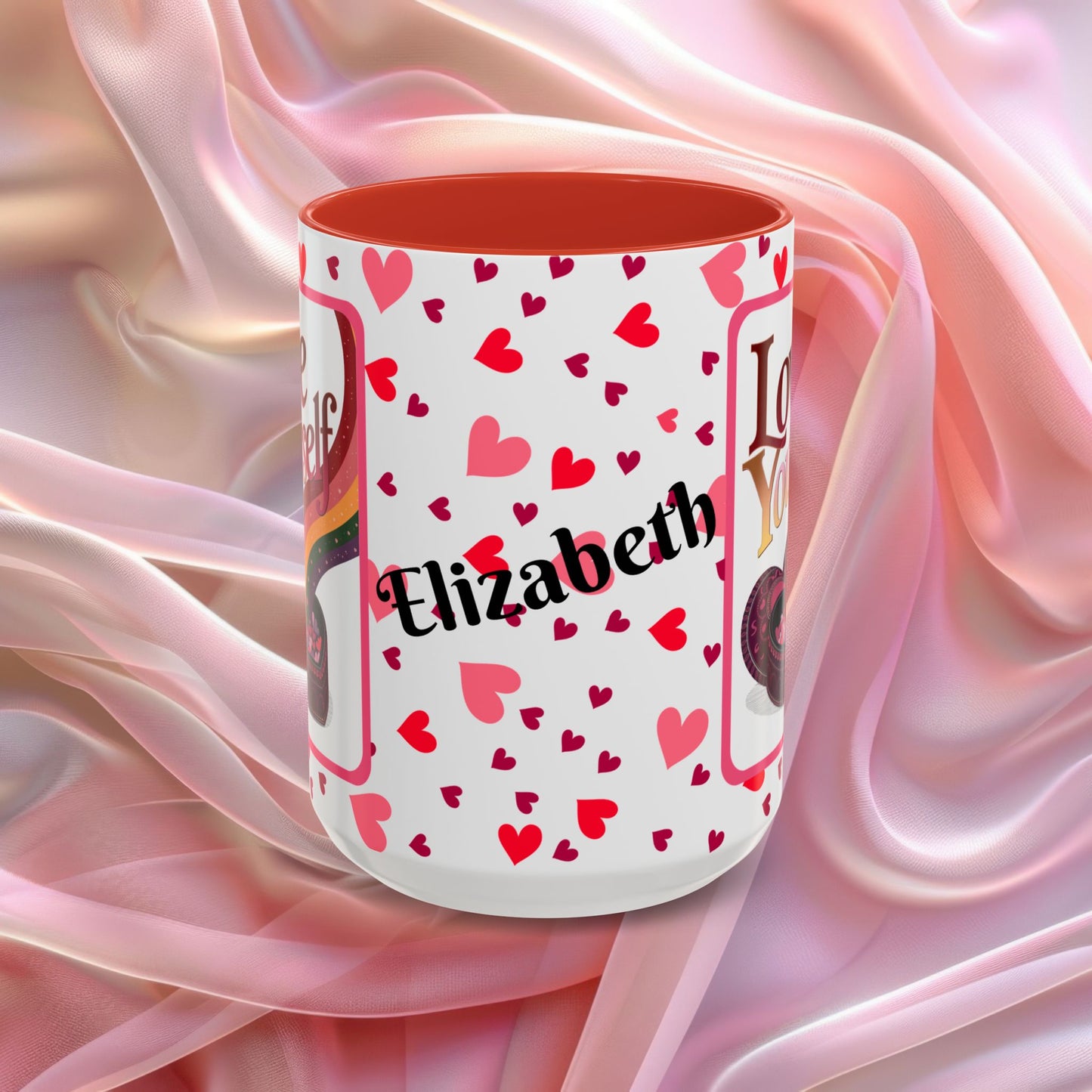 Love Yourself Valentines mug featuring self love message, Valentine themed ceramic coffee cup