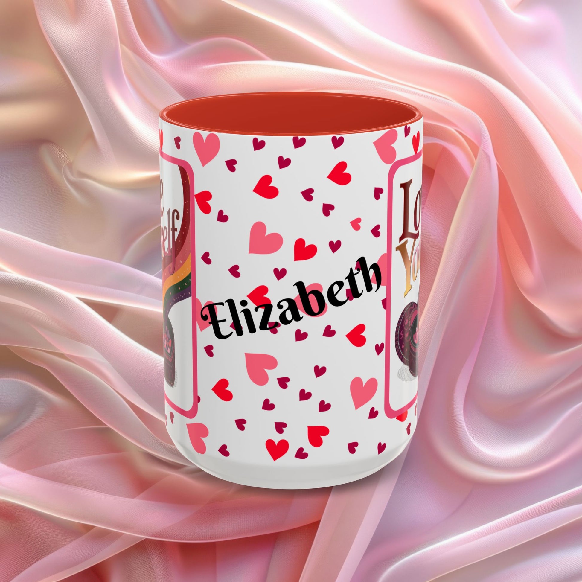 Love Yourself Valentines mug featuring self love message, Valentine themed ceramic coffee cup