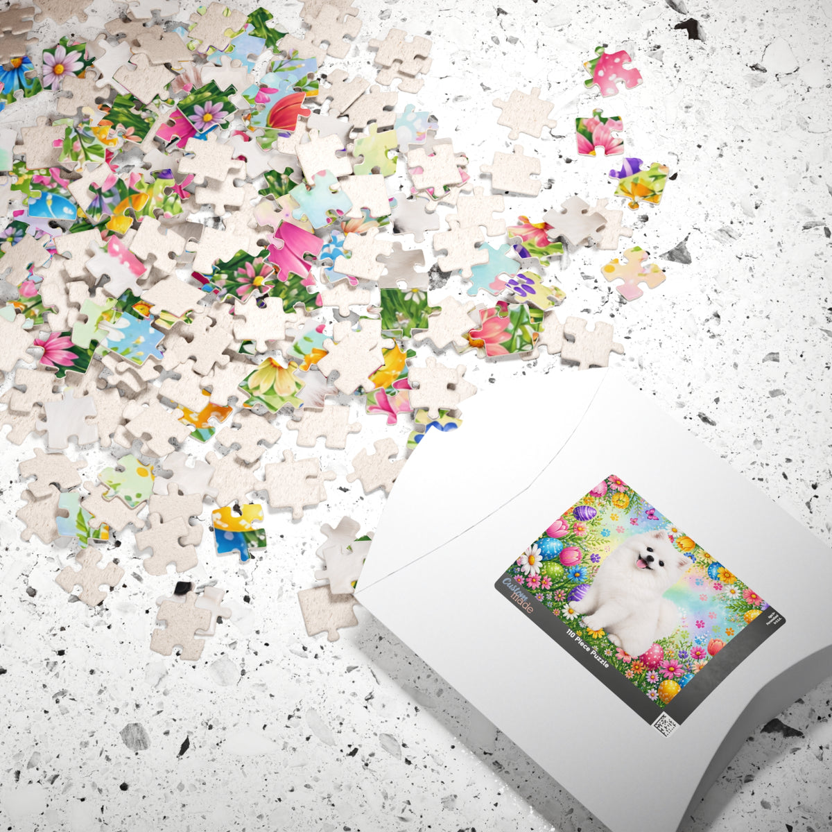 Pomeranian (White) Easter Puppy Puzzle - Spring Garden with Eggs, Tulips, and Daisies