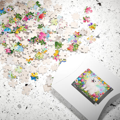 Pomeranian (White) Easter Puppy Puzzle - Spring Garden with Eggs, Tulips, and Daisies