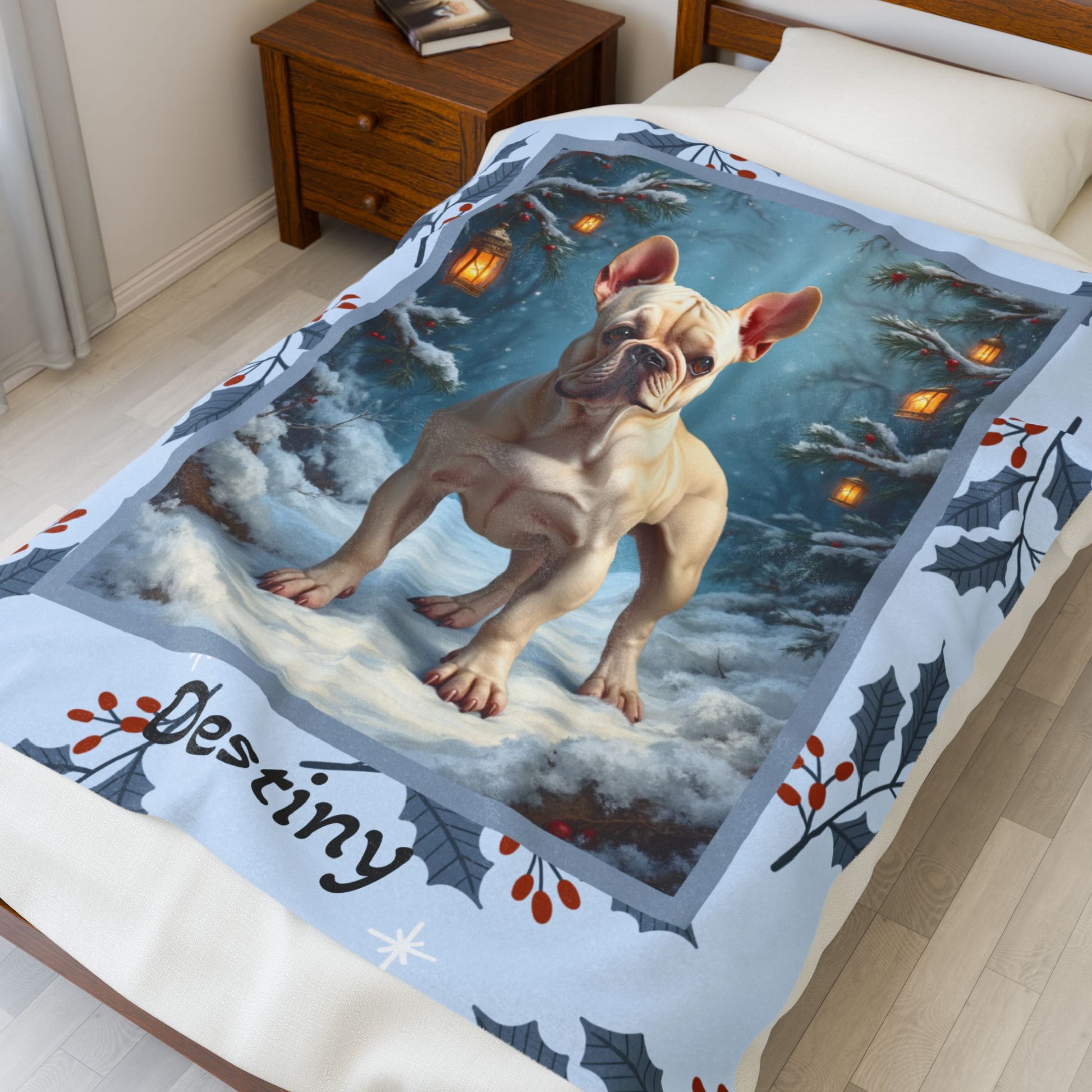 French Bulldog Cream personalized winter throw with soft Frenchie artwork and glowing snow-covered lodge details