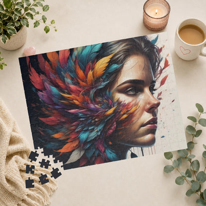 Resilience Palette - Woman's Portrait Puzzle with Colorful Feathers Exploding from Dark Background