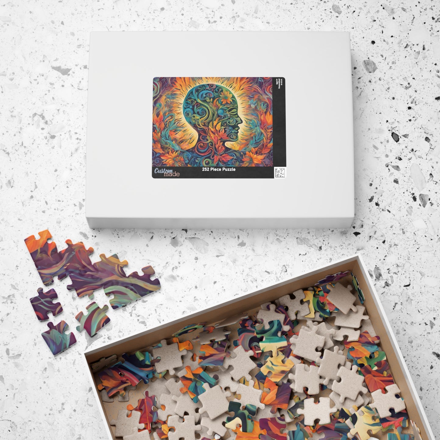 Healing the Soul - Mind-as-Garden Puzzle with Botanical Head Silhouette and Golden Halo on Autumn Leaves