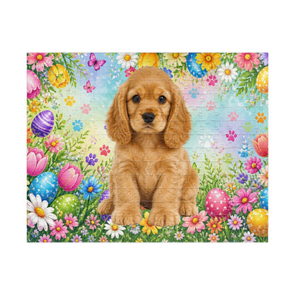 American Cocker Spaniel (Golden) Easter Puppy Puzzle - Spring Garden with Eggs, Tulips, and Daisies