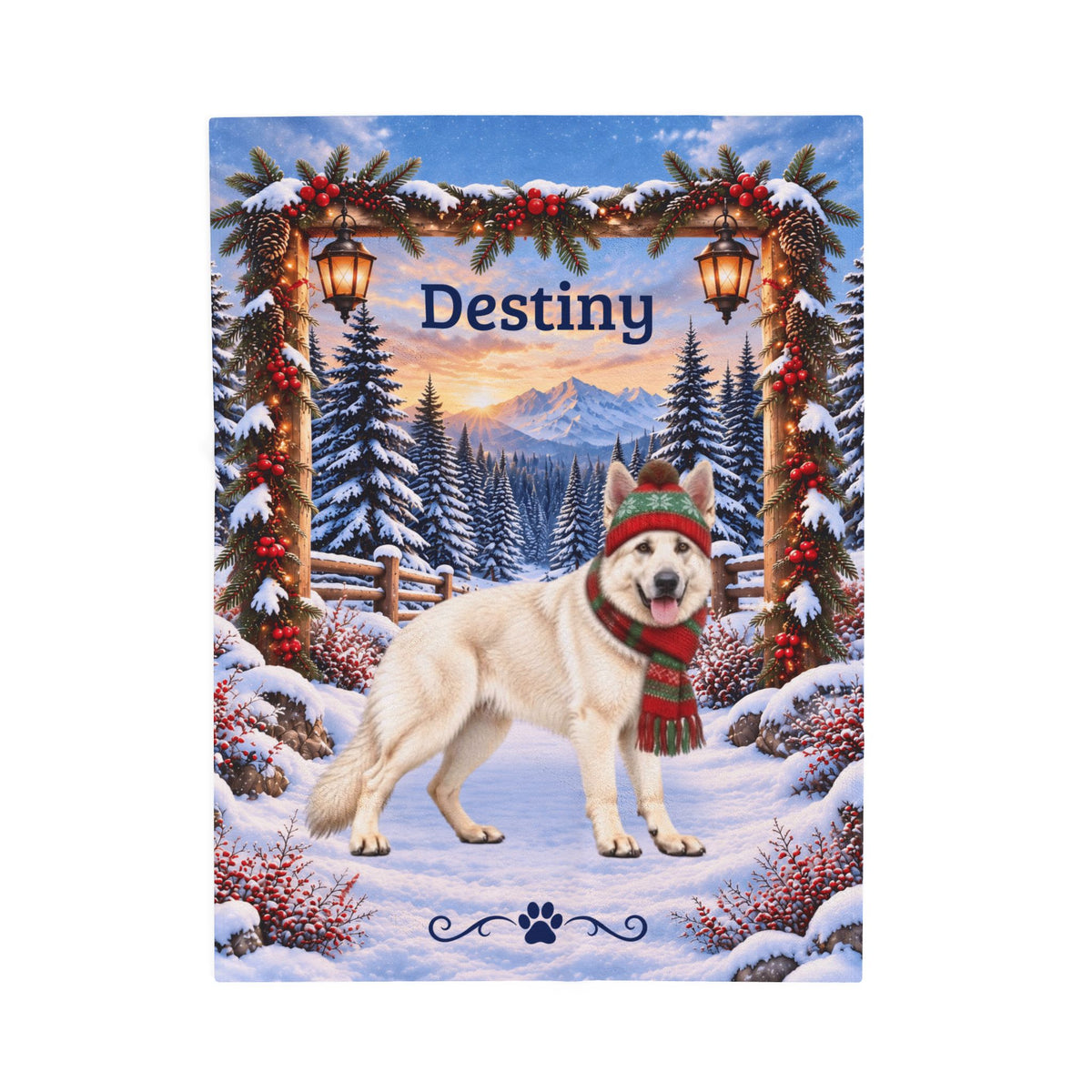German Shepherd (White Coat) - Personalized Winter Forest Blanket, Custom Name Velveteen Throw - MySisterIsAsurvor