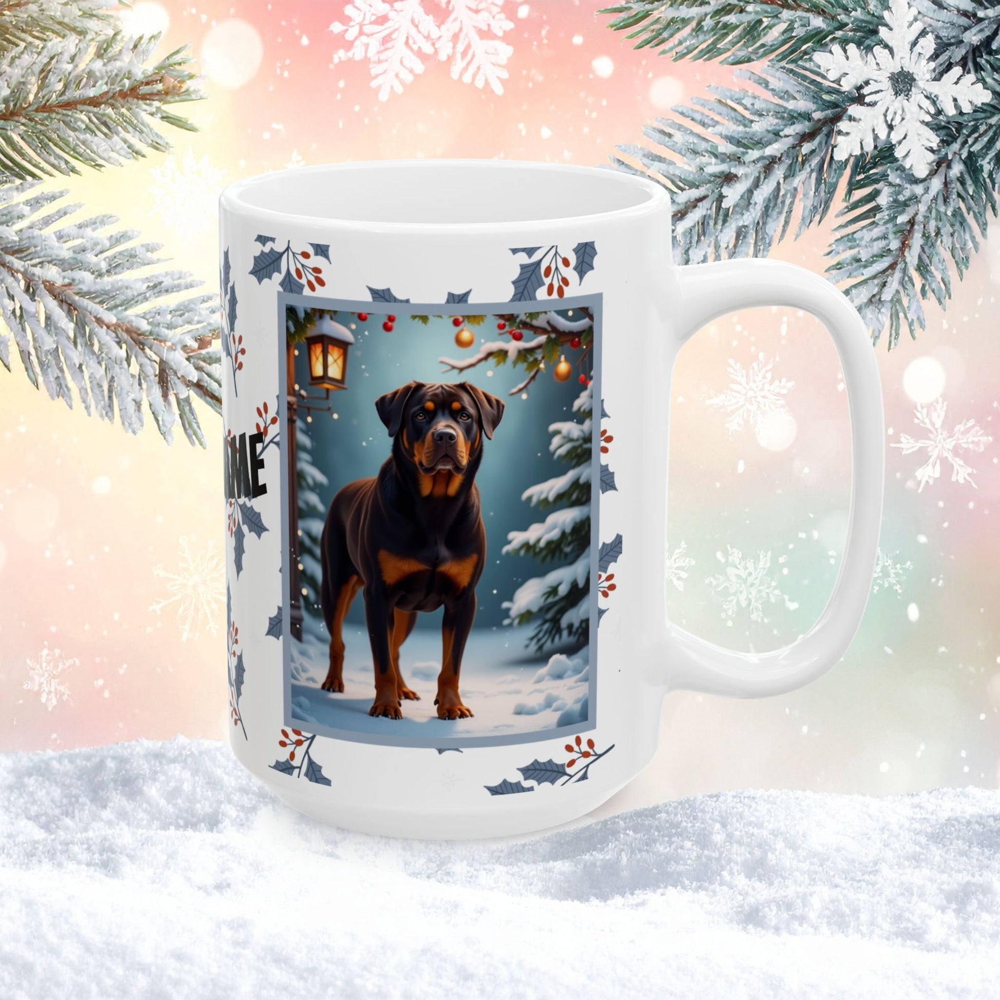Rottweiler (Chocolate) Winter Mug - chocolate rottweiler artwork standing in a cozy winter scene with snowy background