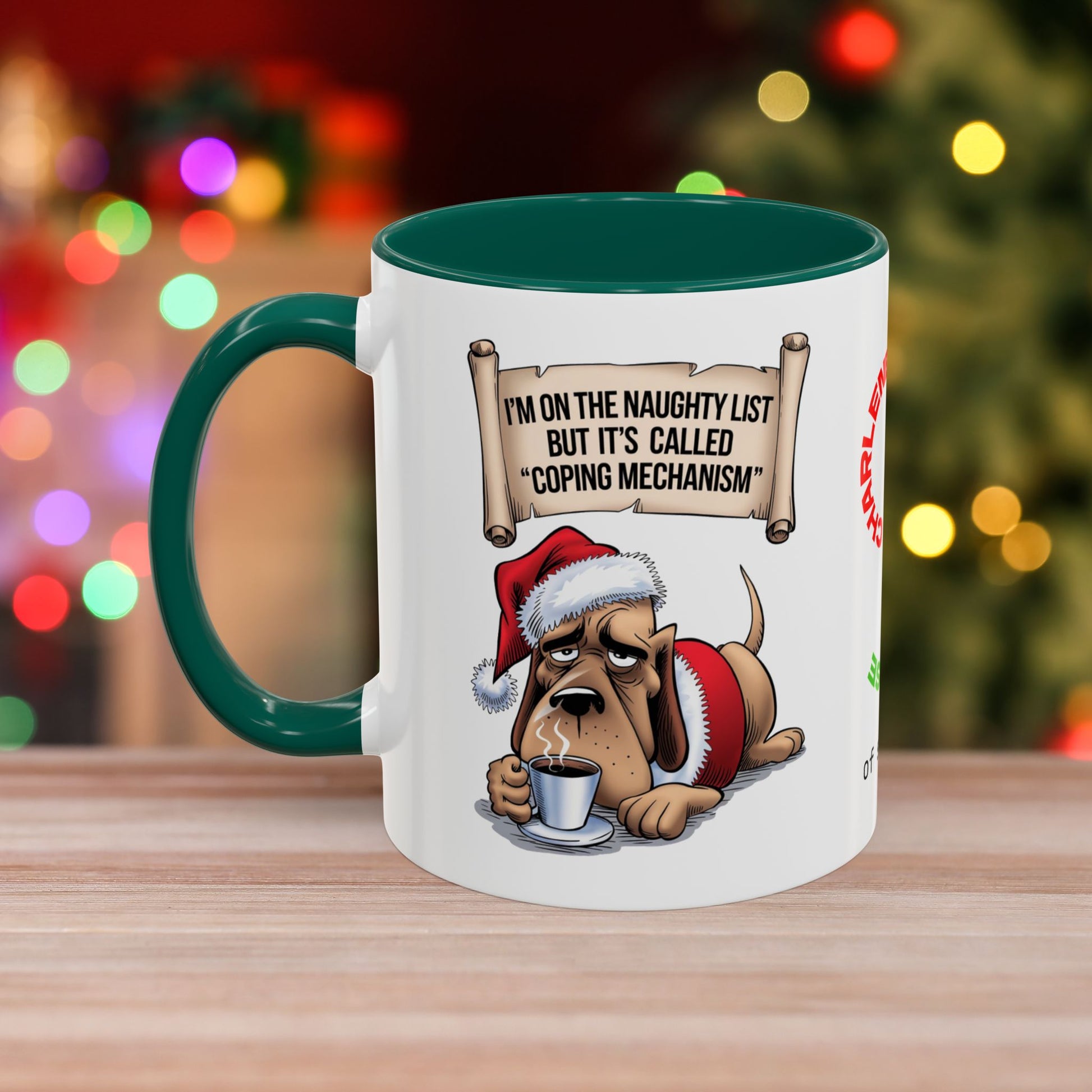 I'm On The Naughty List, But It's Called 'Coping Mechanism' – Christmas Mug with Dog Design and Accent Color