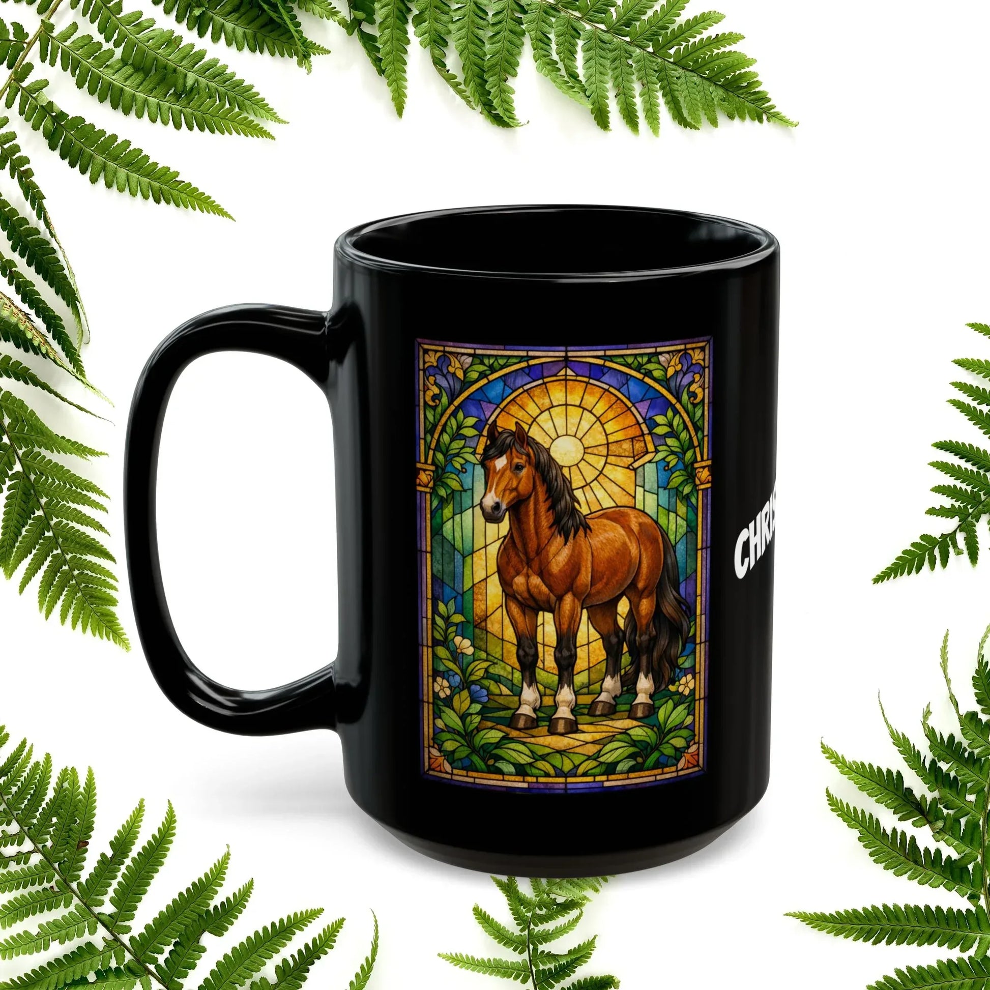 Shop our premium horse stained glass style black mug from MySisterIsASurvivor.