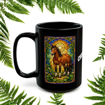 Shop our premium horse stained glass style black mug from MySisterIsASurvivor.