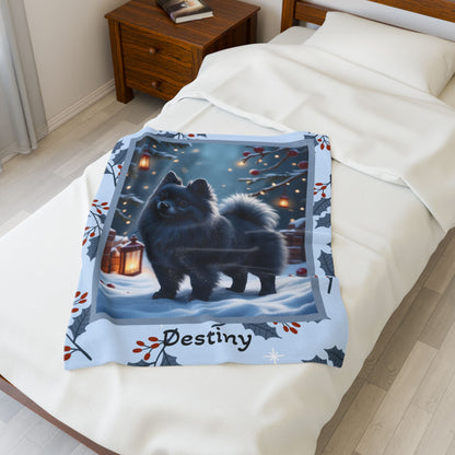 Pomeranian Blue custom winter blanket showing a rare blue Pom in a cheerful lodge-style winter illustration