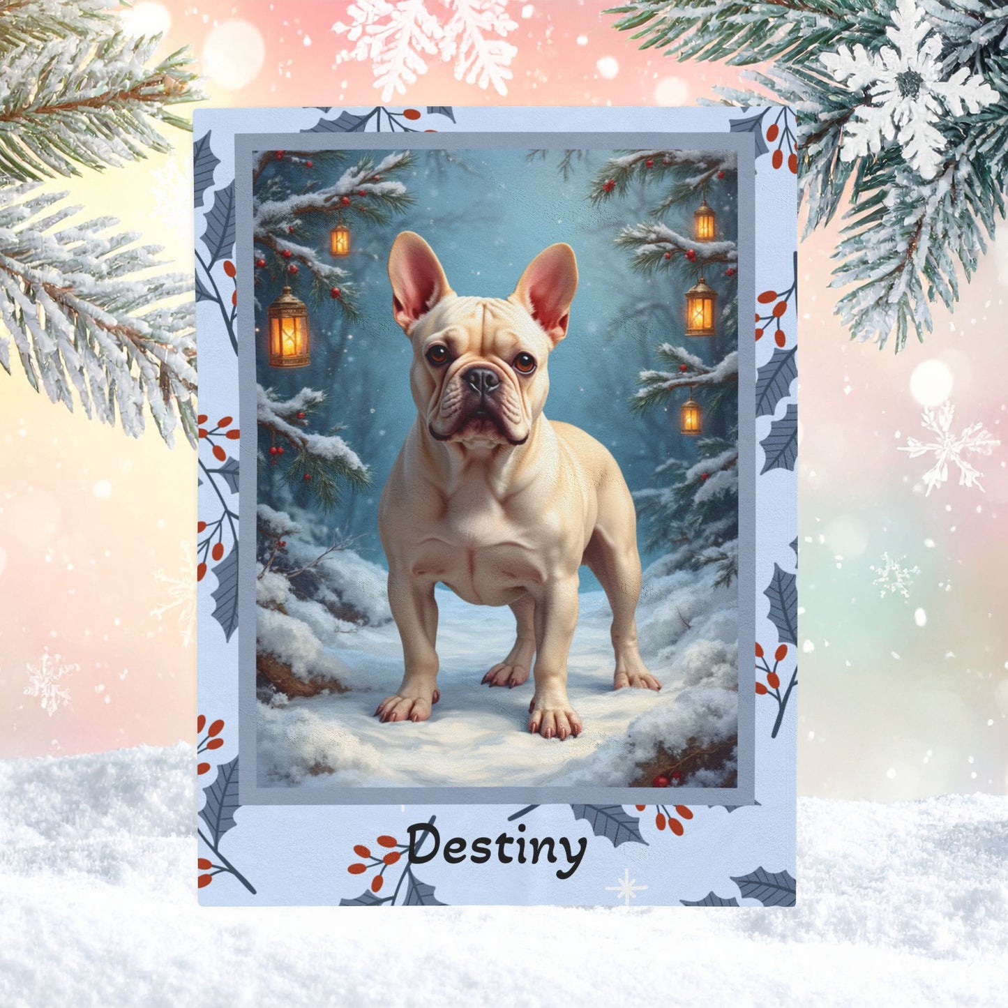 French Bulldog Cream personalized winter throw with soft Frenchie artwork and glowing snow-covered lodge details