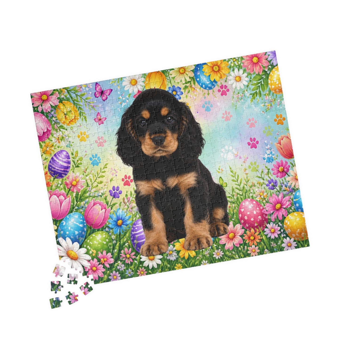 American Cocker Spaniel (Black & Tan) Easter Puppy Puzzle - Spring Garden with Eggs, Tulips, and Daisies