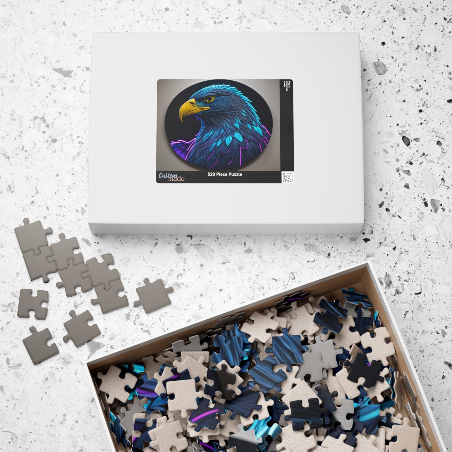 Eagle Vision Triumph - Neon Bald Eagle Portrait Puzzle with Teal and Purple Feathers on Dark Background