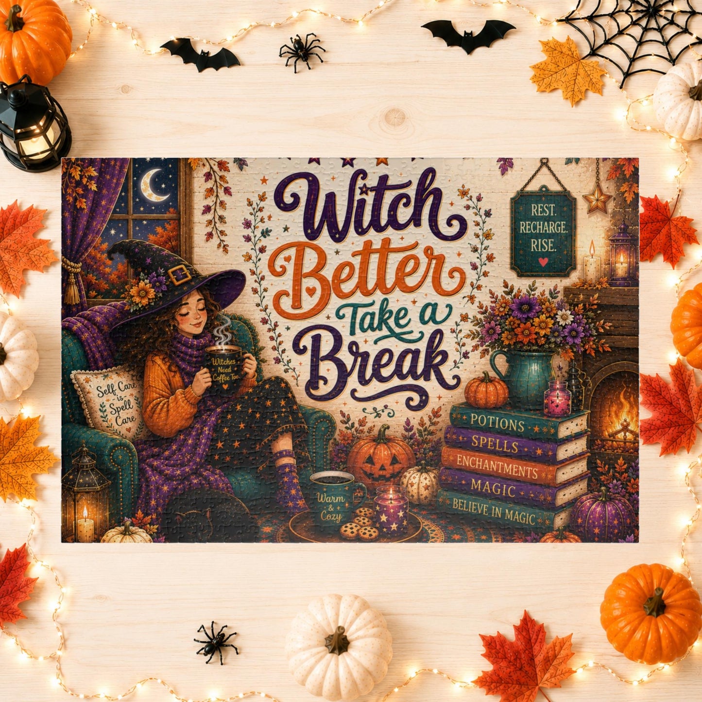 Witch Better Take a Break Halloween Puzzle - Witch in Armchair with Self Care is a Spell Pillow and Magic Books