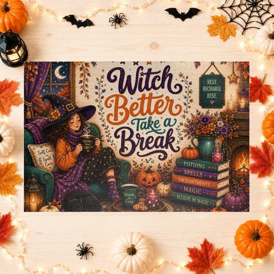 Witch Better Take a Break Halloween puzzle with witch, self care pillow, and magical books